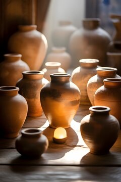 Colecci&oacute;n de vasijas de barro artesanales iluminadas por una luz c&aacute;lida en un taller de alfarer&iacute;a r&uacute;stico