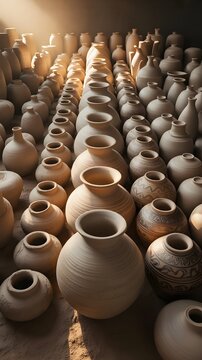 Gran cantidad de vasijas y jarras de barro crudo en un taller de alfarer&iacute;a