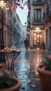 Mesa de cafeter&iacute;a con taza de caf&eacute; caliente y cruas&aacute;n en una calle europea empedrada en un d&iacute;a lluvioso