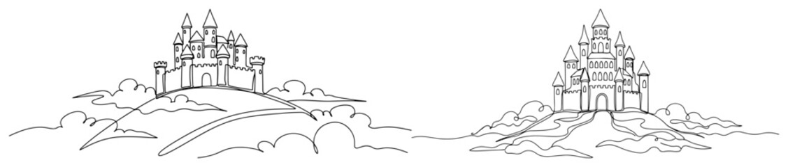 Fototapeta premium Fantasy medieval castles on hills with clouds in minimalist continuous line art style
