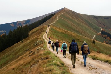 Obraz premium Group hikers ascends mountain ridge. People walk along winding path in grassy slopes, dense forest. Scenic view reveals rolling hills under cloudy sky. Outdoor adventure, exploration, nature travel.