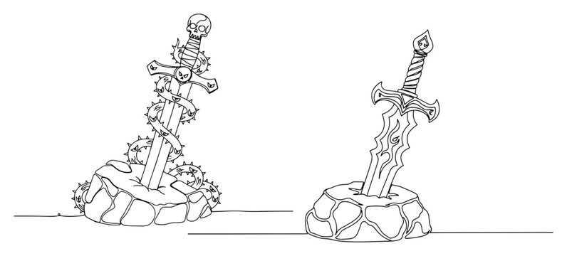 Fantasy swords stuck in stones with thorns and skull in continuous line art style