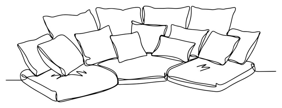 Sectional sofa with plush cushions and pillows in minimalist continuous line art style