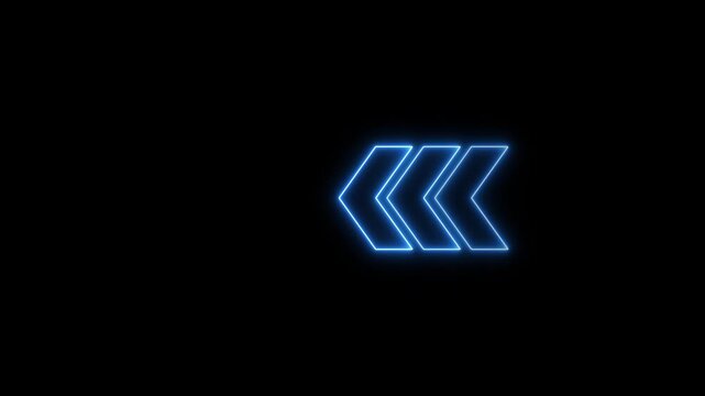 Abstract neon flashing light back arrow loading animation. Left arrow for road direction.arrow icon concept animation right to left direction looping arrow loading symbol on black background