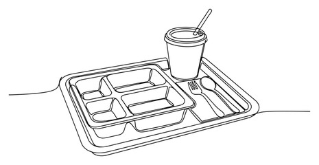 Fototapeta premium Meal tray with divided compartments and beverage cup in continuous line art style