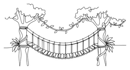 Suspension rope bridge between jungle trees in continuous line art style © AnimalZOO