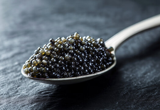 A close up of a silver spoon filled with premium black sturgeon caviar, placed on a dark slate background with elegant lighting that highlights the glossy texture of eggs