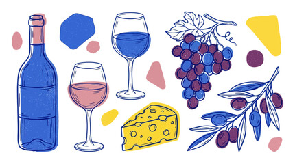 Fototapeta premium Hand-drawn wine and cheese illustration set with bottle, glasses, grapes, and olive branch