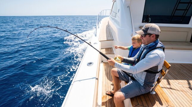A father and son sit on a boat in the ocean. The father holds a fishing rod while the son points excitedly at the water. It is a bright and sunny day