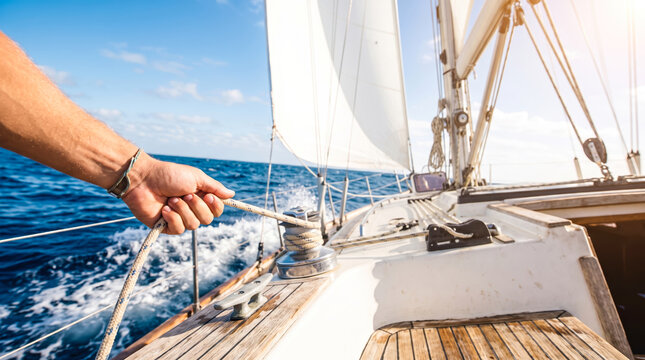 A person stands on a sailboat in the ocean, holding a rope to adjust the sail. Waves move around the boat under a clear sky in the afternoon light