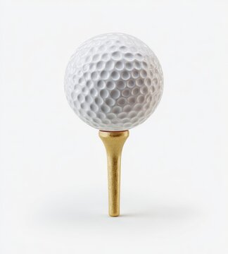 Golf ball on a tee; white, dimpled sphere on a golden peg