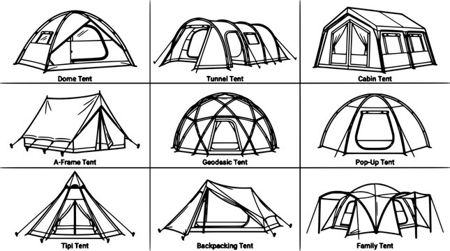 Tents of Various Types and Designs Shown in a Grid Layout with Labels Featuring Camping, Dome, Tunnel with Cabin and a-Frame