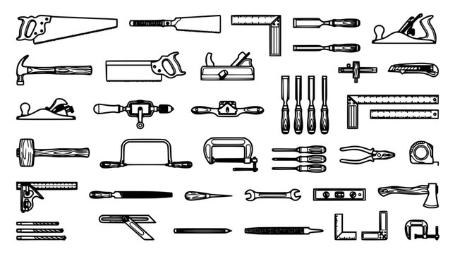 Tools Arranged in a Grid Pattern with Various Shapes and Sizes for Construction and Repair Work Featuring Hammer, Wrench, Pliers