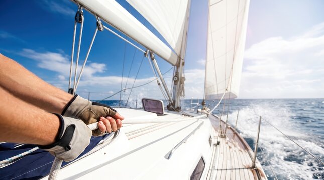 A person is pulling ropes on a sailboat while sailing through the ocean. The sky is bright and sunny with some clouds. The water is choppy