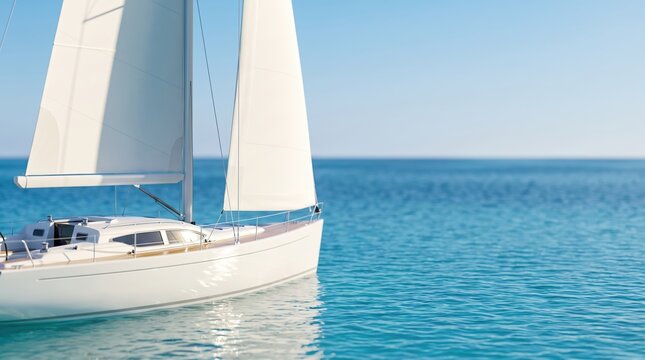 A boat sails smoothly over blue water with sails raised. The sun shines bright in the clear sky, making for a nice day on the water. Gentle waves move around the boat