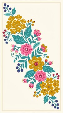 repeating floral embroidery pattern with vibrant pink yellow and teal colors for decorative textiles and crafts 80 characters