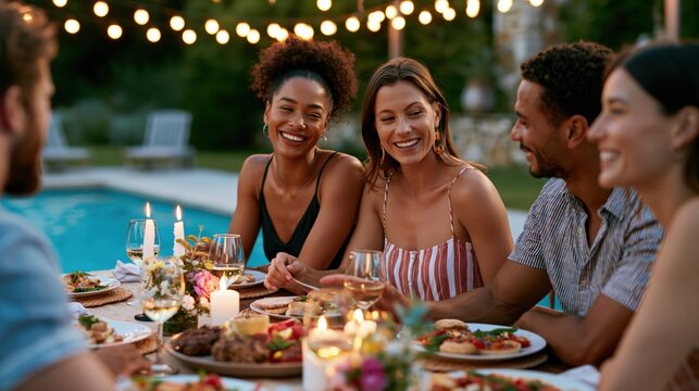 Friends enjoying a delightful backyard dinner party with string lights and a pool