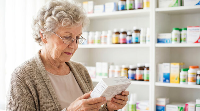 A senior woman looks closely at a medicine box in a pharmacy. She stands in front of shelves that are filled with various health products. Sunlight comes through the window
