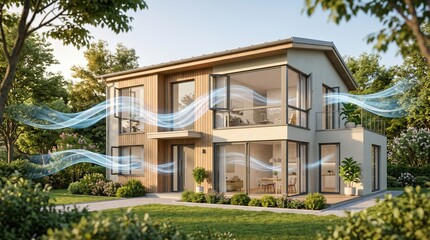 Fototapeta premium Modern eco house with open windows and glowing blue airflow lines for natural ventilation concept.
