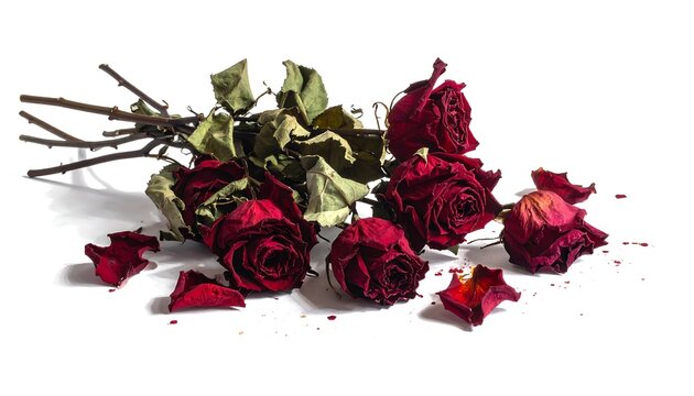 Close-up of dried, dark red roses on a stark white background. Petals are scattered, stems are visible, depicting a withered state