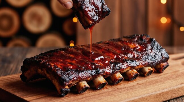 Juicy rack of pork ribs covered in sticky barbecue sauce. A hand drizzles more sauce on the grilled meat. Served on rustic wooden board, great for food blogs and menus.