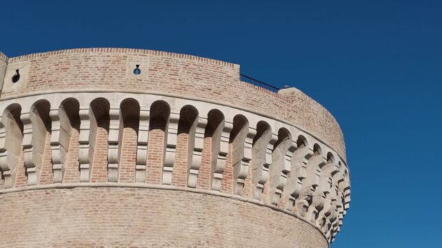 Rocca Roveresca Castle of Senigallia, Ancona - Details of the merlets and tower, with recently renovated walls. July 2026.