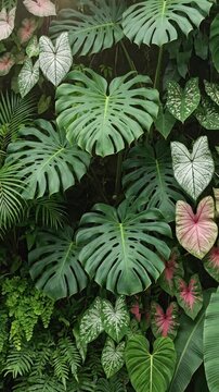 Lush tropical foliage featuring monstera and caladium leaves with vibrant green textures