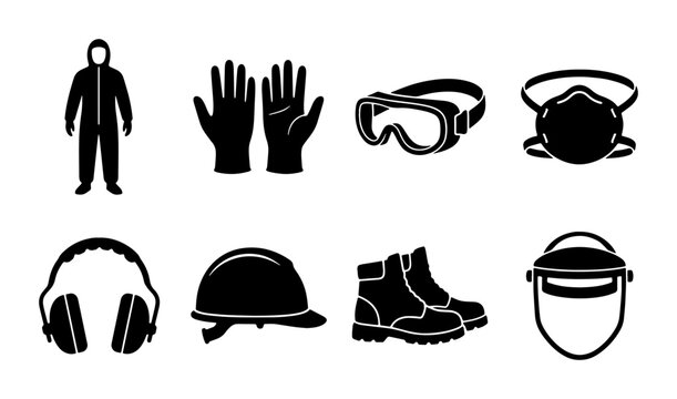 Personal Protective Equipment Icons Set, Safety Gear Collection, Workwear Symbols, Industrial Protection Vector