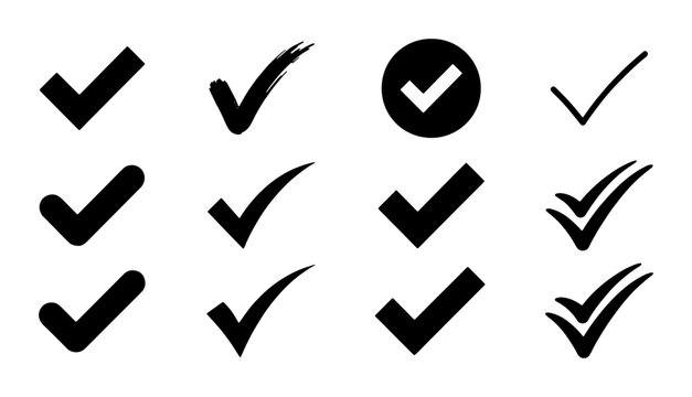 Checkmark Icons Set: Simple Tick Marks, Brush Strokes, Circle Badge, Double Lines, Vector Graphics