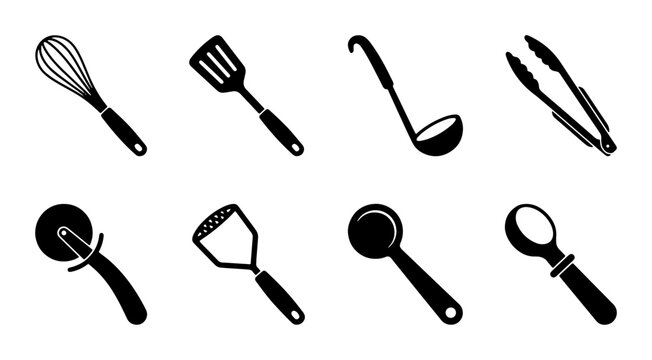 Kitchen Utensil Icons Set: Whisk, Spatula, Ladle, Tongs, Pizza Cutter, Masher, Spoon, Ice Cream Scoop
