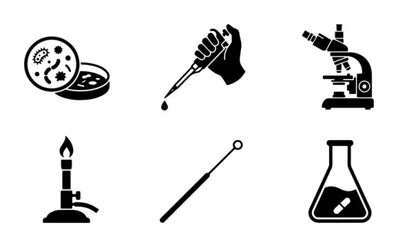 Microbiology Lab Icons: Petri Dish, Pipette, Microscope, Bunsen Burner, Inoculating Loop, Flask