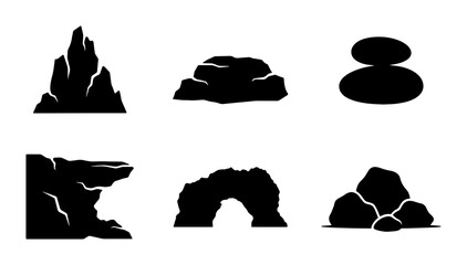 Vector Rock Silhouettes: Mountain Peaks, Stacked Stones, Arches, Cliffs, and Boulders for Nature Designs © Faija
