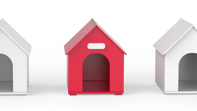 Red doghouse standing out among white doghouses