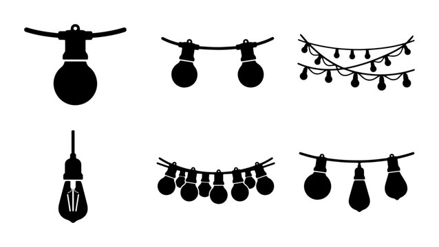String Lights Vector Icons, Decorative Bulb Set, Retro Edison Lamp Collection, Party Illumination Elements