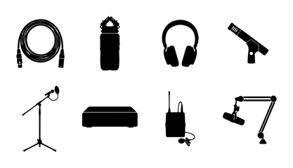Audio Recording Equipment Icons: Microphones, Cables, Headphones, and Accessories Set © Muin