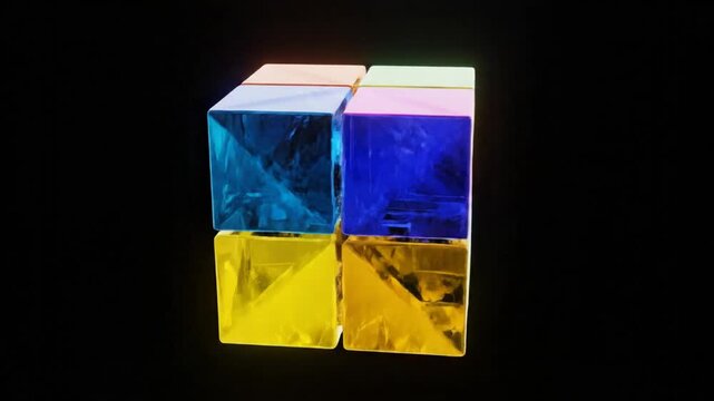 Rotating iridescent cube composed of eight blocks against black background for modern animation