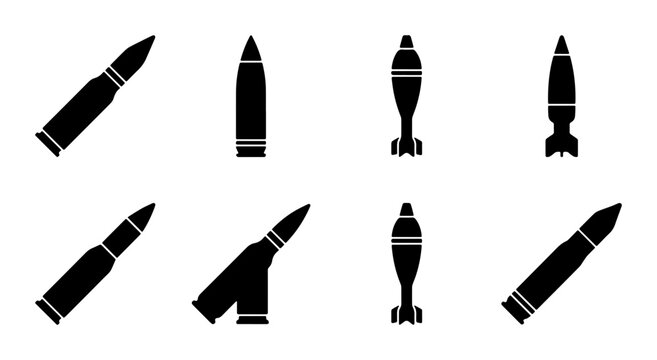 Military Ammunition Icons Set: Bullets, Shells, and Mortar Rounds Vector Graphics