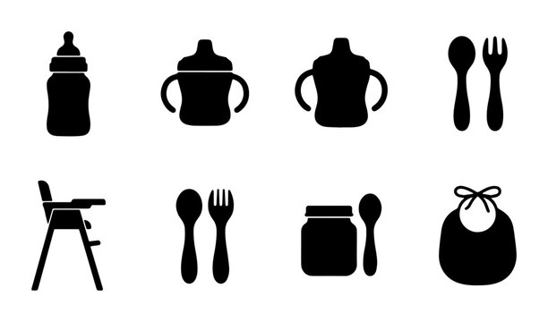 Baby Feeding Icons Set: Bottles, Sippy Cups, High Chair, Utensils, Bib, Jar Vector Graphics