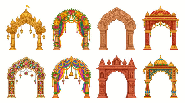 A vibrant Vector Set of ornate Indian temple gates and colorful archways in various architectural styles.