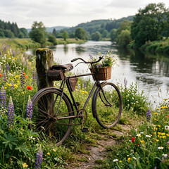 Fototapeta premium Classic vintage bicycle parked by a serene river.
