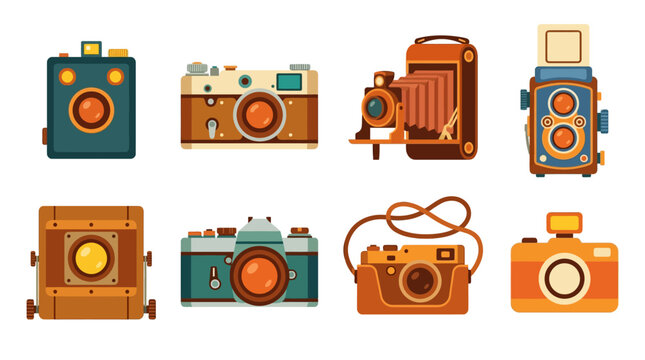A colorful Vector Set of various cameras and photography equipment on a plain background for design use.