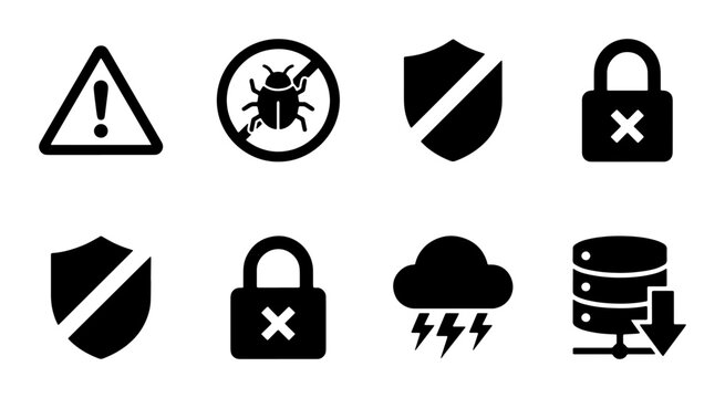 Cybersecurity icon set, 8 black vector icons for data protection, network security and bug fix