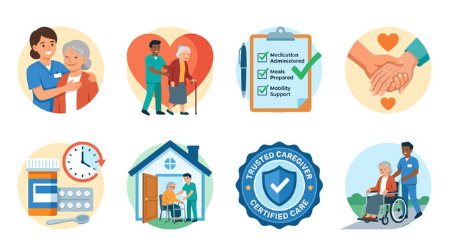 Elderly care Vector Set including people helping hands healthcare services and support systems in various settings.