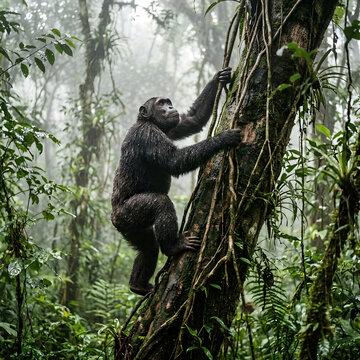 Black howler monkey sitting in dense tropical forest.