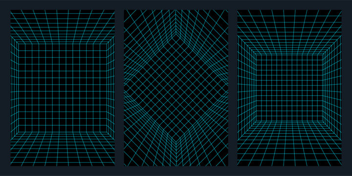 Neon blue grid lines forming abstract geometric space and perspectives. Vector graphic background for futuristic technology design. Cyber world grid for digital art and data science.