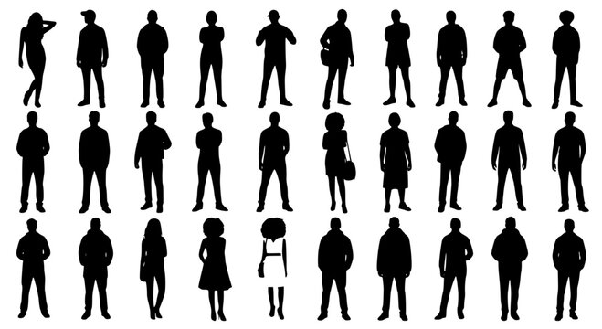 Vector silhouettes man and women, illustration. Silhouettes of young people posing in casual clothes. Transparent background SVG version.
