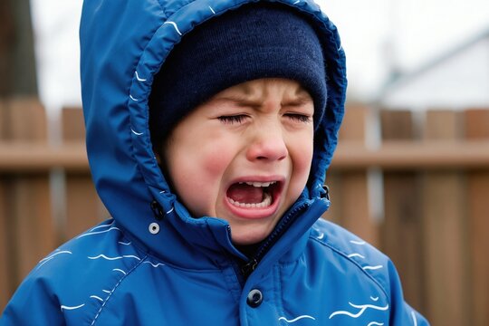 Young boy in blue hooded winter coat cries outdoors. Small child has tantrum. Upset toddler expresses strong emotion with scrunched face and open mouth. He feels sad outside in cold weather.
