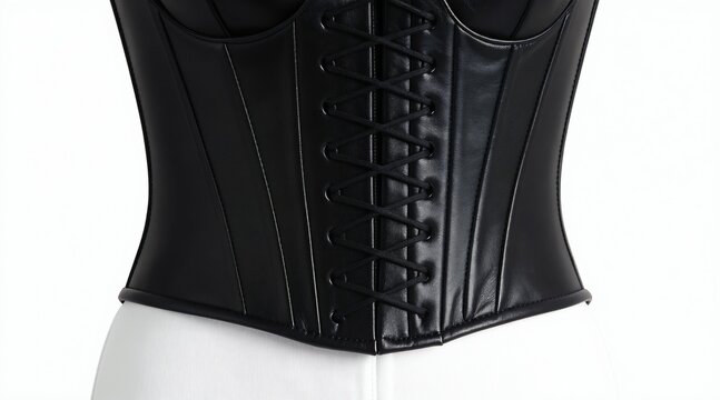 Black leather corset top with lace up front. This bodice garment provides shaping and style. Perfect for fashion, costume or cosplay looks. Versatile piece for different outfits.