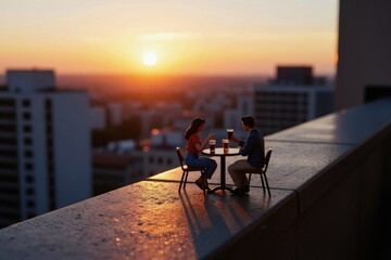 Fototapeta premium Tiny couple toast with drinks on high rooftop terrace. Cityscape glows in golden hour sun. Evening romance and relaxation with urban skyline view.