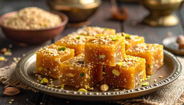 Close-up of golden, cube-shaped confections topped with seeds and nuts, arranged on a silver plate. Bowl of seeds and brass bowls in background